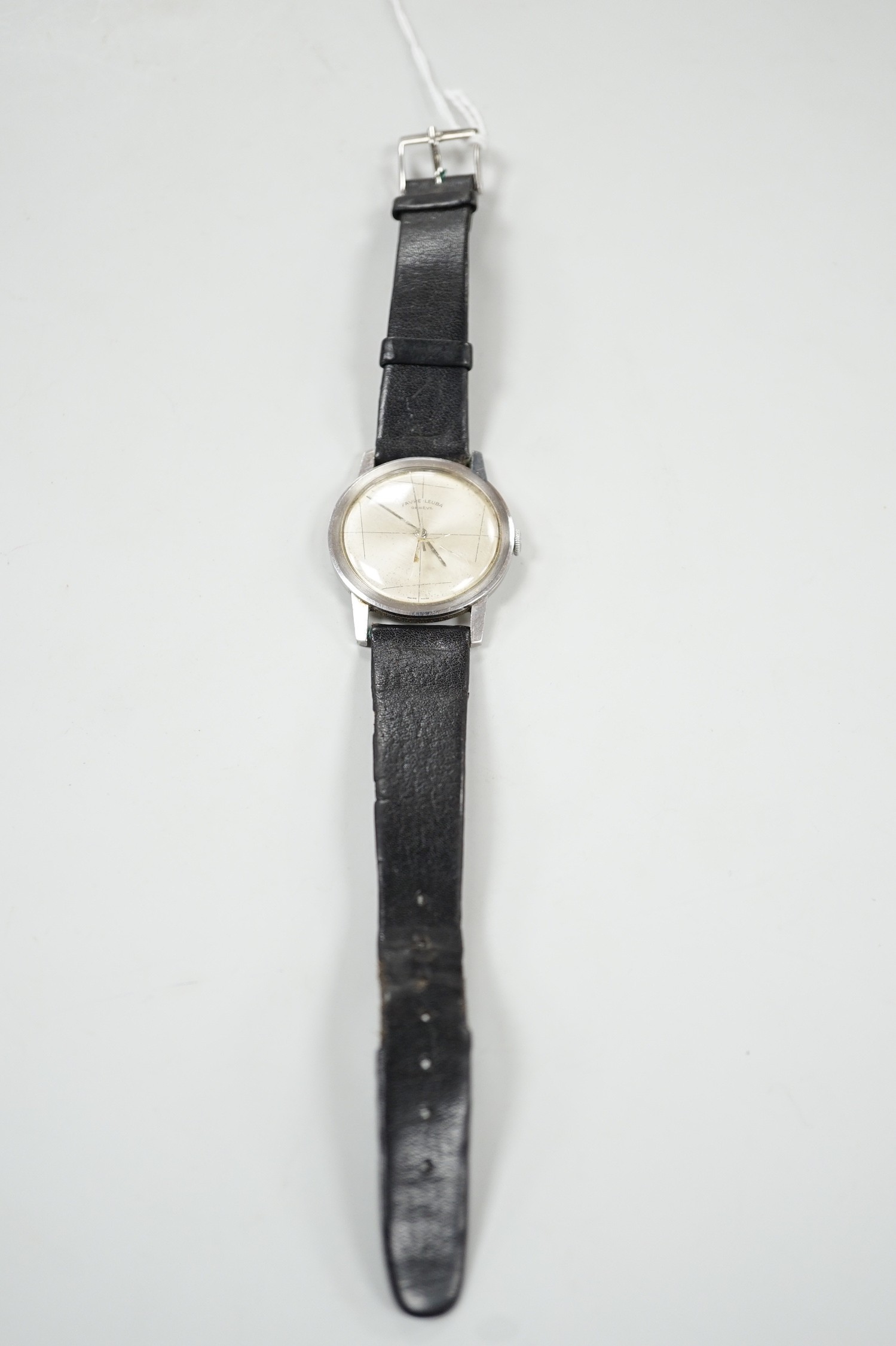 A gentleman's steel Favre Leuba manual wind dress wrist watch, case diameter 34mm, on associated leather strap.